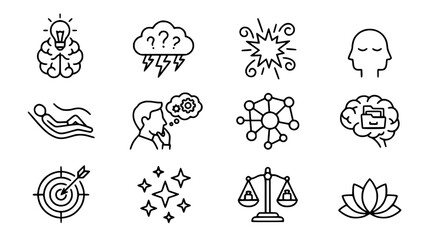 Obraz premium Vector illustration of mental wellness icon set featuring brain therapy stress management emotional balance lotus meditation mindfulness target focus and logical thinking concepts