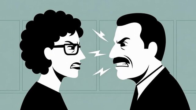 Black and white illustration of man and woman arguing with lightning sparks, corporate conflict and marriage crisis concept