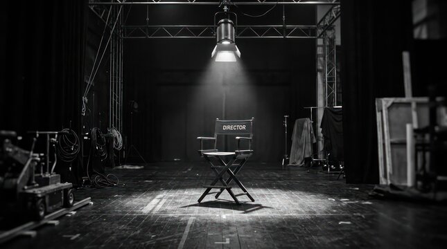 Spotlight on Empty Directors Chair on Stage.
