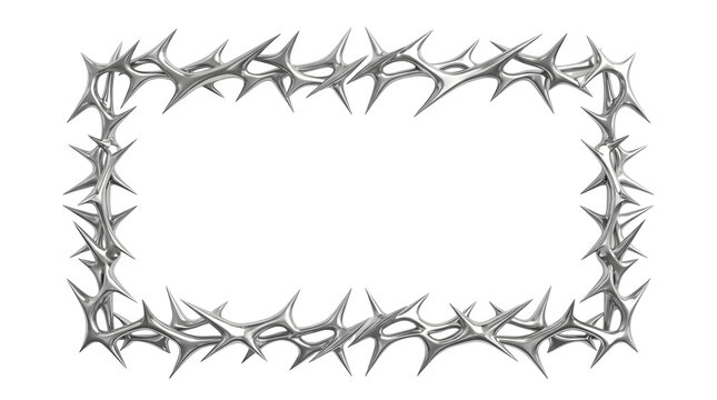 Metallic thorn frame border graphic asset. Silver thorny vine arrangement isolated on transparent background