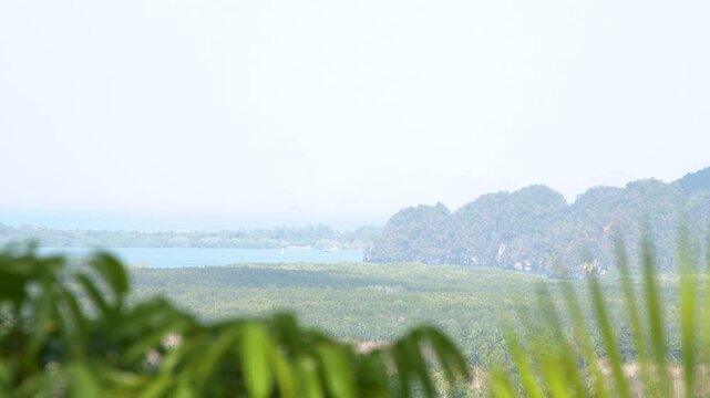 Stunning cinematic aerial view of thailand phang nga bay landscape with trees ocean and mountains.