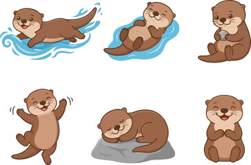 Fototapeta premium A collection of cute cartoon otters in various playful poses and activities.