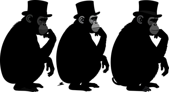 Chimpanzee silhouettes wearing top hats, thinking monkey vector set, black ape characters in formal headwear, primate evolution concept
