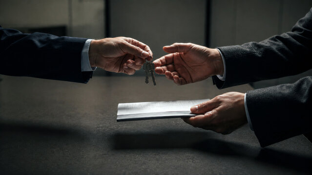 Businessmen handing over keys and documents during a formal transaction, representing property transfer, business ownership and commercial agreement