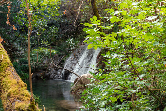 Polylimnio waterfall cascade in Peloponnese, Greece, surrounded by moss-covered rocks and lush Mediterranean vegetation