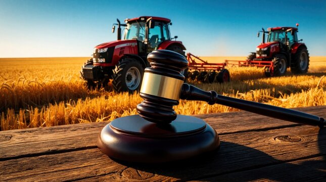 Wooden gavel on table in foreground. Red tractors work in golden wheat field under blue sky. Agriculture law concept with farming machinery, crops. Legal regulation of rural industry, land policy in