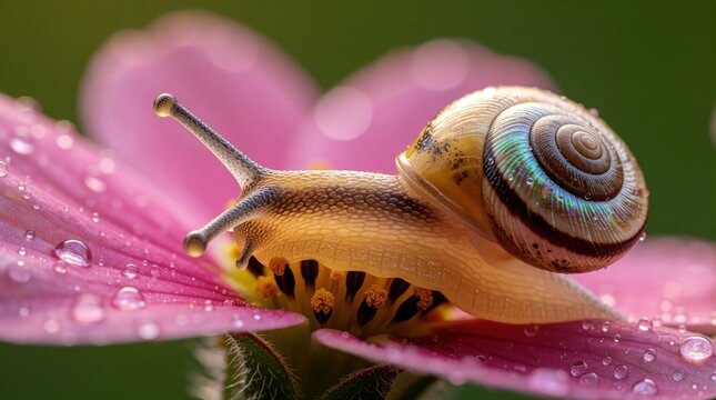 Tiny snail crawls on pink flower petal after rain. Water drops reflect light on soft petals. Macro view shows delicate snail body and spiral shell in nature.