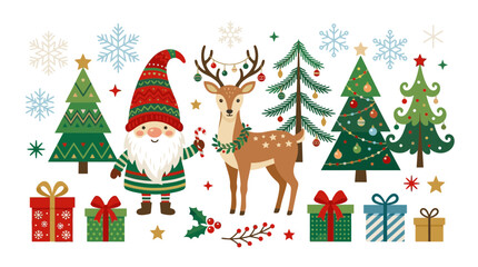 Naklejka premium Christmas Gnome, Reindeer, Trees, Gifts, Snowflakes Vector Illustration