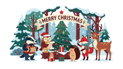 Fototapeta premium Cute Woodland Animals Celebrate Christmas in Snowy Forest