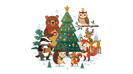 Fototapeta premium Cute Forest Animals Celebrate Christmas Around a Decorated Tree