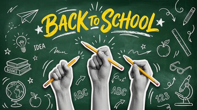 Back to school banner with hand holding pencil over blackboard chalk doodles, creative education concept video background