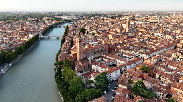 Aerial View of Verona Italy and Densely Arranged Historic Buildings Along the River