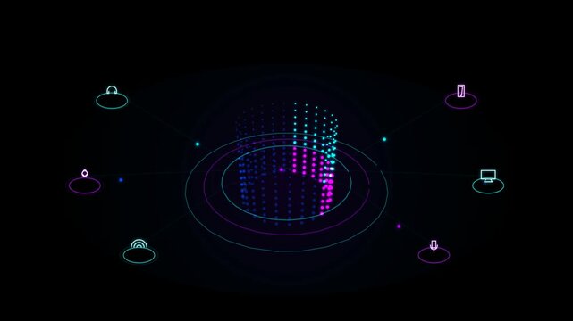 Futuristic Digital Data Hub Animation with Glowing Neon Nodes and Interconnected Circular Interfaces