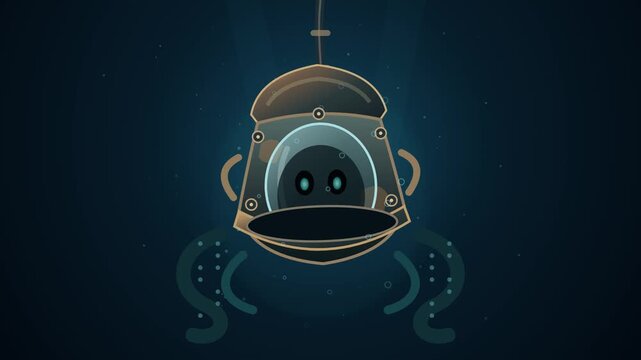 Mysterious cursed diving bell sinking underwater with spooky green light for Halloween