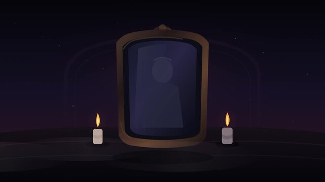 Haunted cursed mirror with glowing candles and eerie mist for Halloween background animation