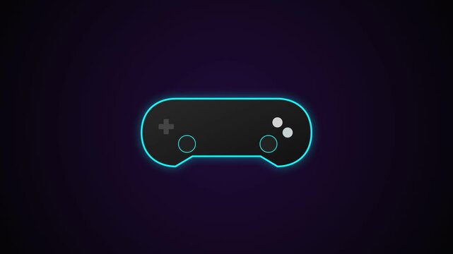 Neon glowing game controller icon on dark background.