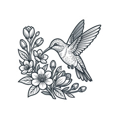 Obraz premium Hummingbird Feeding on Cherry Blossoms, Delicate Line Art Illustration