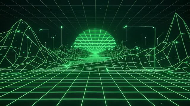 Retro futuristic landscape with green wireframe grid, glowing sun and cyberspace horizon in 1980s aesthetic style