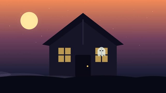 Spooky haunted house silhouette with glowing windows and a ghost under a full moon