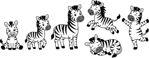 Obraz premium A collection of cute cartoon zebras in various poses and expressions.