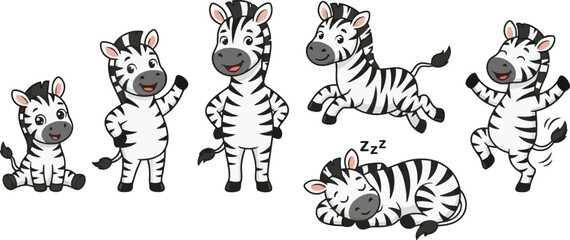 Obraz premium A collection of cute cartoon zebra characters in various poses and activities.