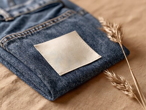 Folded Blue Denim Jeans with Leather Patch on Beige Fabric Background