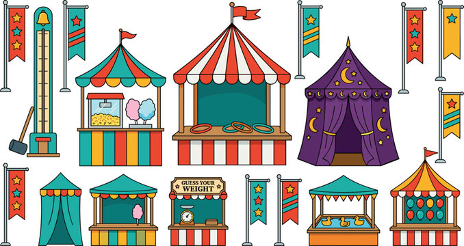Retro Circus Carnival Booth and Midway Game Vector Set featuring Popcorn, Ring Toss, Cotton Candy, High Striker, and Fortune Teller Tents for Festival Event Designs
