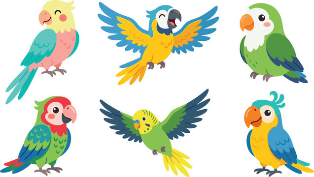 Cute Cute Cute Parrot Vector Icon Character Set Featuring Colorful Macaw Budgie Cockatiel Parakeet Lovebird for Children Books Kindergarten Stickers and Tropical Wildlife Designs