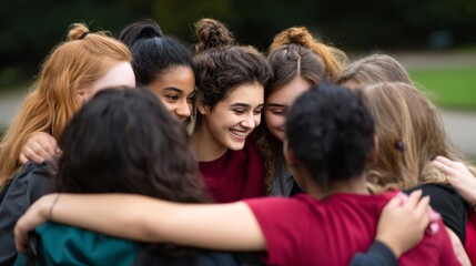 Obraz premium Joyful Teenagers Embracing in Park Amid Morning Light - Close-Up Shot with Selective Focus on Environmental Connection