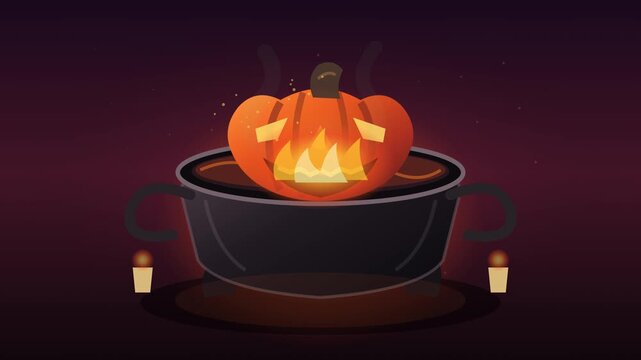 Boiling green magic potion in a haunted pumpkin cauldron for Halloween motion graphic