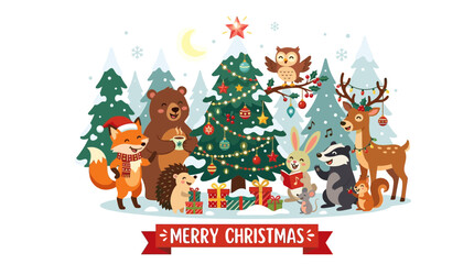 Fototapeta premium Cute Forest Animals Celebrating Christmas Together