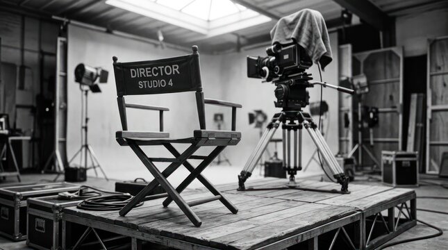 Vintage Film Studio Set with Directors Chair and Camera.