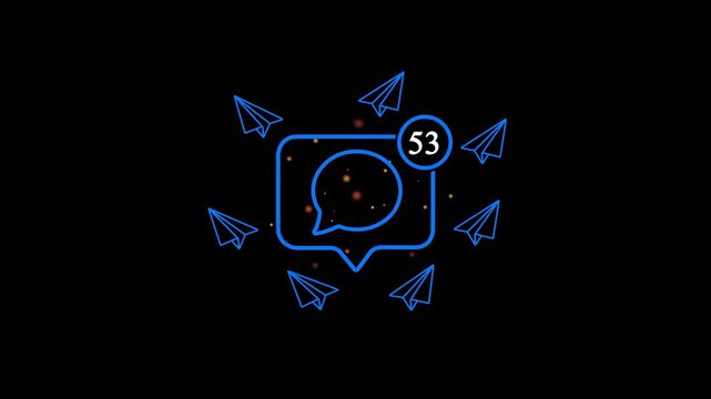 Social media notification with flying paper planes animation, digital communication concept, blue neon style overlay