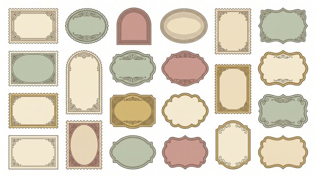 Vintage Antique Postage Stamps and Decorative Blank Labels Collection with Ornamental Parchment Frames Isolated on White Background