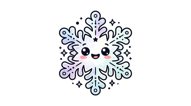 Kawaii snowflake character with cute face, pastel winter ice crystal illustration, smiling holiday snowflake icon on white background