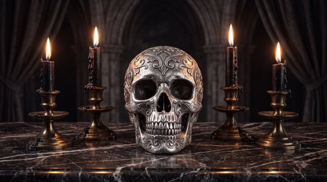 Ornate gothic halloween silver skull with candles on marble table
