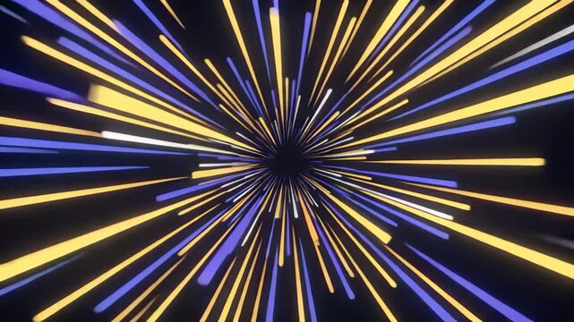 Abstract futuristic hyperspace jump, glowing neon light streaks rushing through deep space, concept of high speed travel and motion