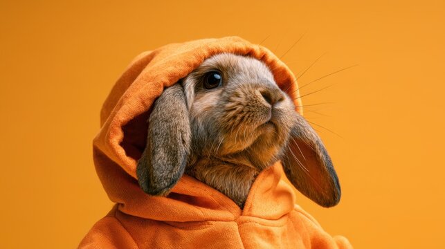 Cute brown rabbit wearing an orange hoodie looking thoughtful isolated on a bright orange background in close up