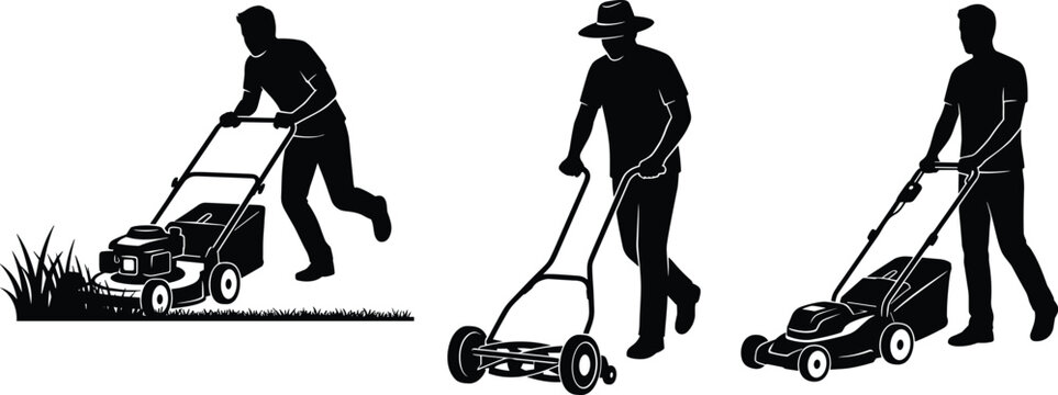 Lawn Mowing Worker Vector Silhouette Set featuring Men Operating Push Lawnmowers, Manual Reel Mower, and Grass Cutting Service