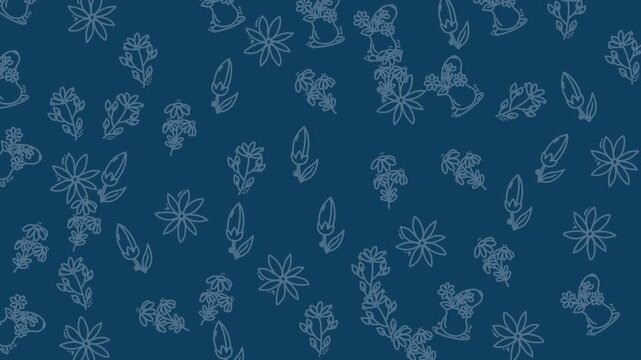 Seamless pattern with hand drawn floral elements on a dark blue background.