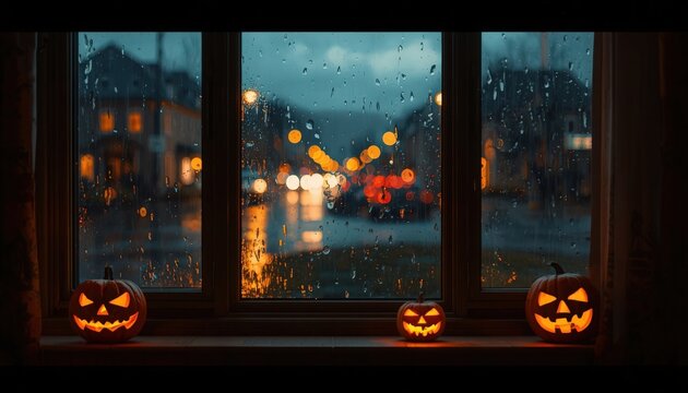 Three glowing jack o lanterns sit on a rainy window sill overlooking a blurry evening street