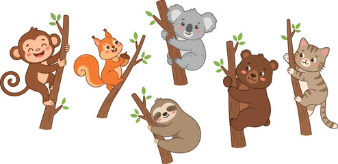 Fototapeta premium A collection of cute cartoon animals climbing on tree branches.