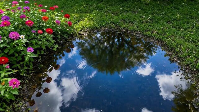 Water puddle on green grass reflecting tall tree and blue sky, blooming colorful zinnia flowers, nature scenery after rain