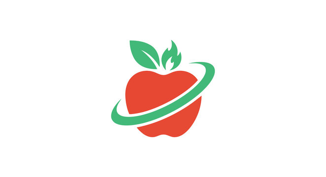 A red apple with green leaves and orbiting lines is a vibrant vector illustration