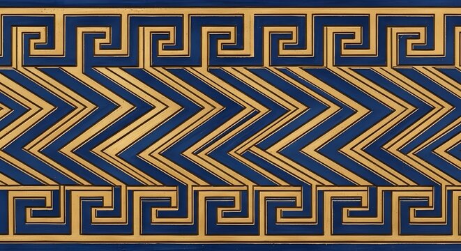 Seamless repeating pattern featuring classic greek key meander borders and a central chevron zigzag geometric design