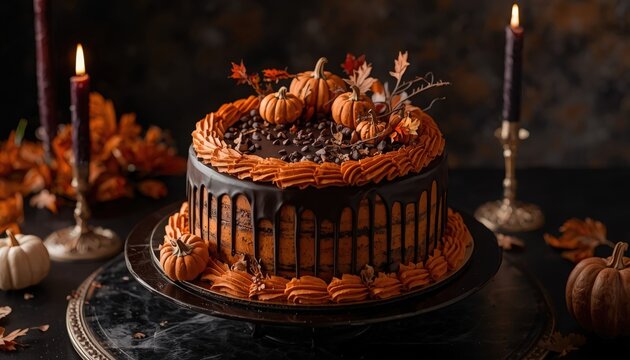 Decadent chocolate pumpkin layer cake topped with mini pumpkins and autumn leaves for seasonal holiday celebrations