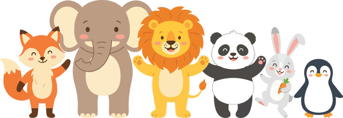 Fototapeta premium A group of cute cartoon animals standing together in a friendly row.