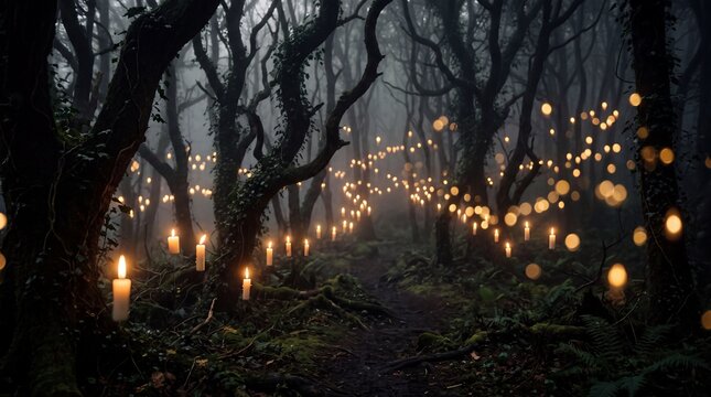 Halloween spooky dark forest with glowing candles in the mist