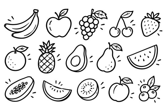 Hand Drawn Fruit Doodle Collection, Minimal Blue Line Art Icons