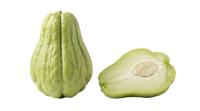 Fresh chayote squash presented whole and halved against a black background